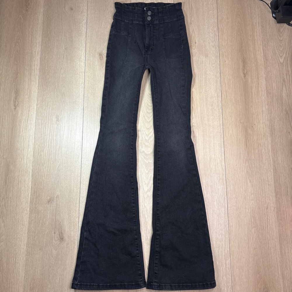 Free People We The Free JAYDE Flare Jeans Black Size 24 High Rise Bell Bottom